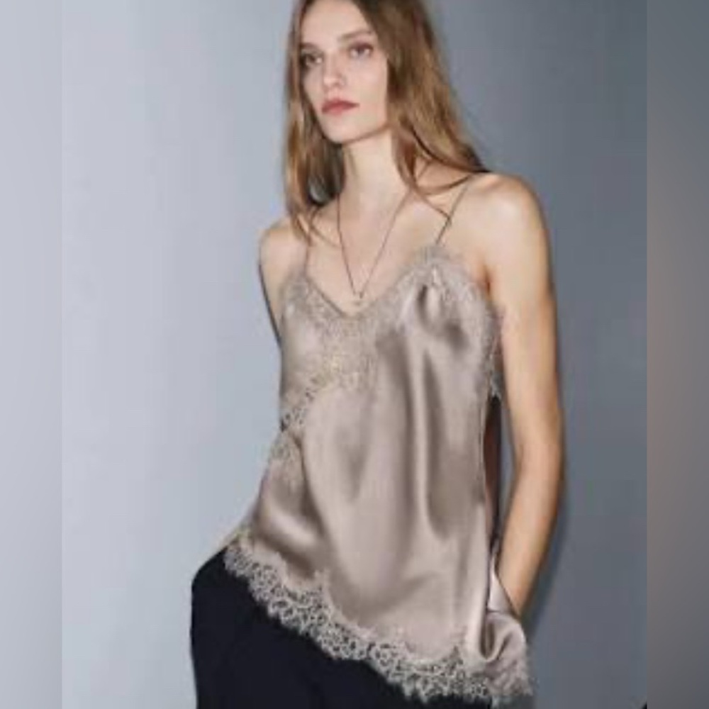 Zara Satin Lace Trim Camisole in Taupe